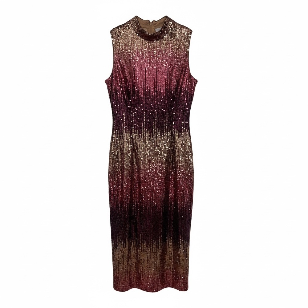 The Limited Sequin Midi Dress in Black, Gold, and Pink